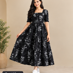 Women's Black Floral Printed Fit & Flare Midi Dress