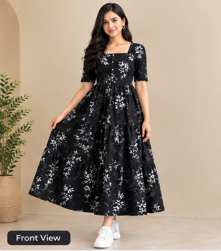 Women's Black Floral Printed Fit & Flare Midi Dress