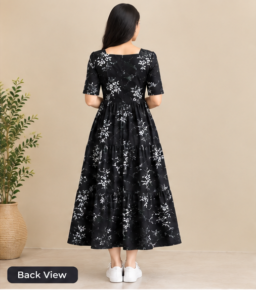 Women's Black Floral Printed Fit & Flare Midi Dress