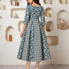 Largish Elegant Turquoise Floral Anarkali Midi Dress