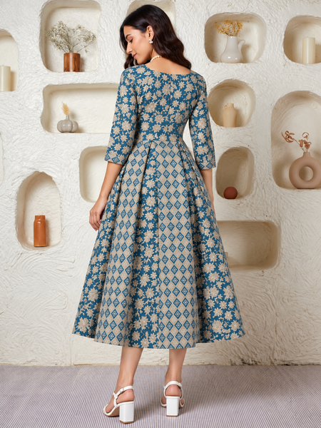 Largish Elegant Turquoise Floral Anarkali Midi Dress