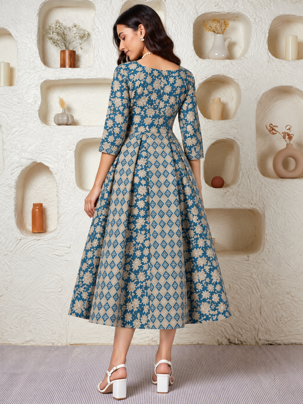 Largish Elegant Turquoise Floral Anarkali Midi Dress