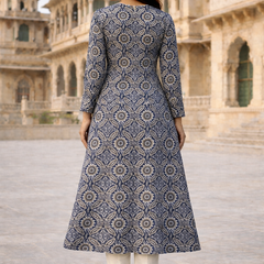 Largish Cotton Navy Blue Floral Printed Anarkali Kurta with White Contrast Piping