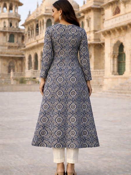 Largish Cotton Navy Blue Floral Printed Anarkali Kurta with White Contrast Piping