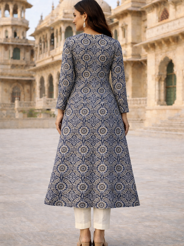 Largish Cotton Navy Blue Floral Printed Anarkali Kurta with White Contrast Piping