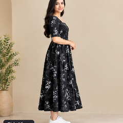 Women's Black Floral Printed Fit & Flare Midi Dress