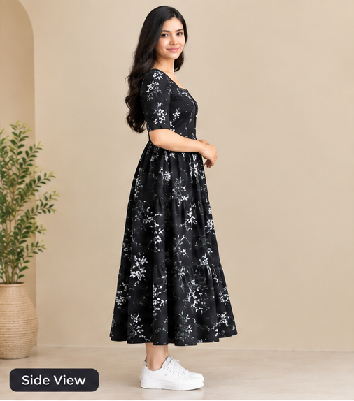 Women's Black Floral Printed Fit & Flare Midi Dress