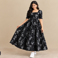 Women's Black Floral Printed Fit & Flare Midi Dress