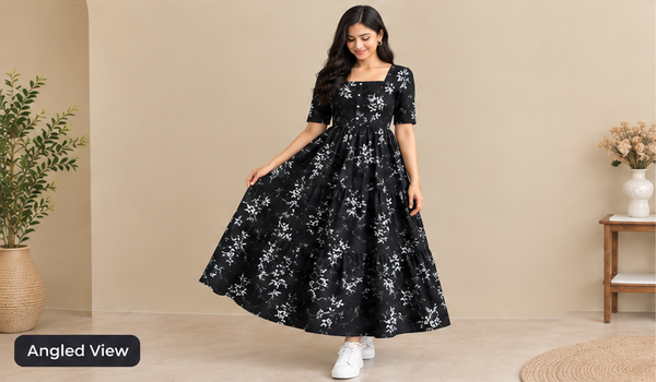 Women's Black Floral Printed Fit & Flare Midi Dress