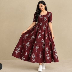 Women's Black Floral Printed Fit & Flare Midi Dress
