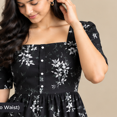 Women's Black Floral Printed Fit & Flare Midi Dress