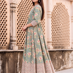 Largish Light Green Cotton Lurex Floral Print Gown