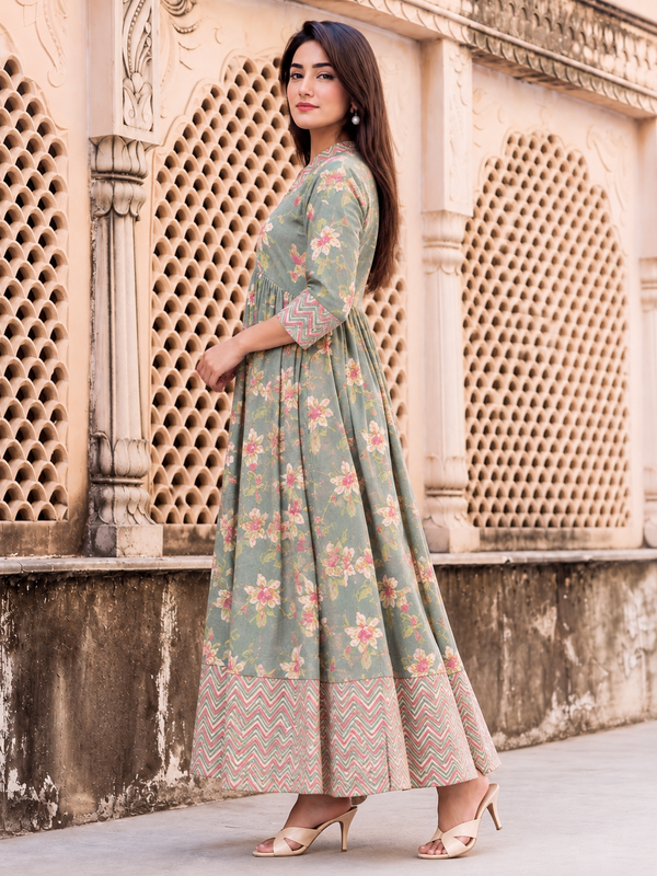 Largish Light Green Cotton Lurex Floral Print Gown
