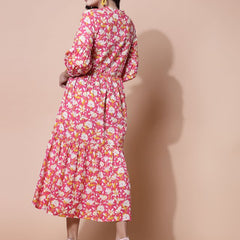 Largish Cotton Floral Print Tiered and Flared A-line Dress