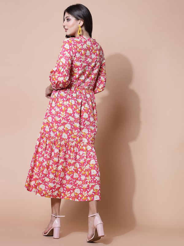 Largish Cotton Floral Print Tiered and Flared A-line Dress