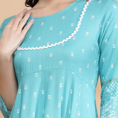 Largish Rayon Pigment print Sky blue Anarkali full maxi Dress