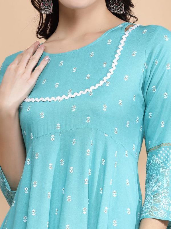 Largish Rayon Pigment print Sky blue Anarkali full maxi Dress