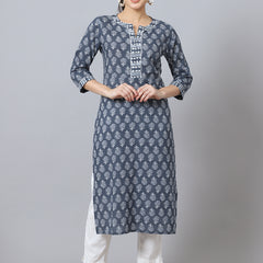 Largish Cotton Grey Floral Print Straight Kurta