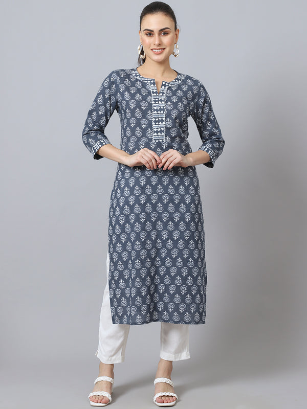Largish Cotton Grey Floral Print Straight Kurta