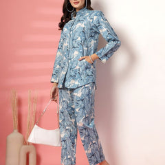 Largish Women's Blue Leaf Print Cotton Flex Co-Ord Set
