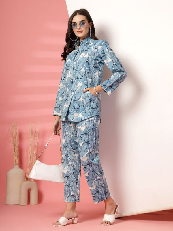 Largish Women's Blue Leaf Print Cotton Flex Co-Ord Set