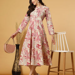 Largish Women's Maroon Printed Cotton Anarkali Flared Dress