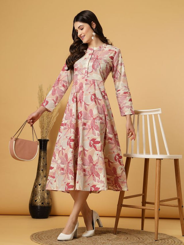 Largish Women's Maroon Printed Cotton Anarkali Flared Dress