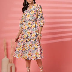 Largish Off White Cotton Floral Print Tiered and Flared A-line Dress