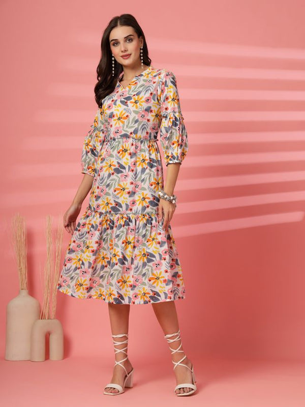 Largish Off White Cotton Floral Print Tiered and Flared A-line Dress
