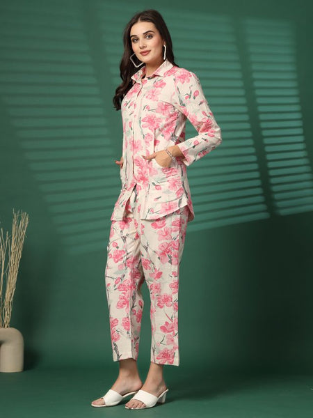 Largish Women's Pink Floral Print Cotton Flex Co-Ord Set