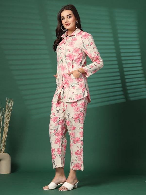 Largish Women's Pink Floral Print Cotton Flex Co-Ord Set