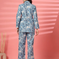 Largish Women's Blue Leaf Print Cotton Flex Co-Ord Set