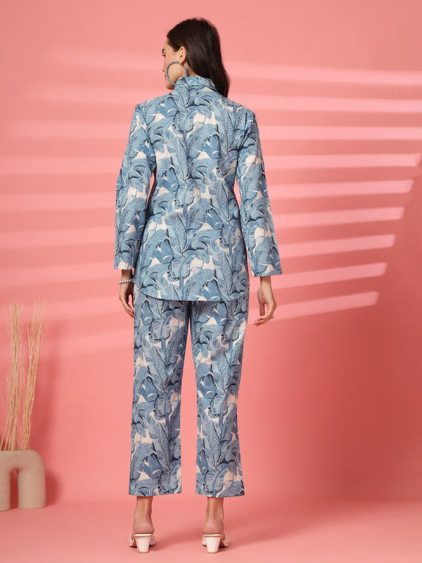 Largish Women's Blue Leaf Print Cotton Flex Co-Ord Set