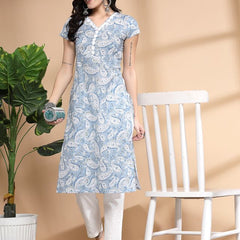 Largish Women's Blue Paisley Print Cotton Straight Kurta