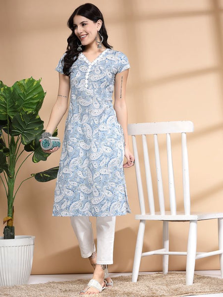Largish Women's Blue Paisley Print Cotton Straight Kurta