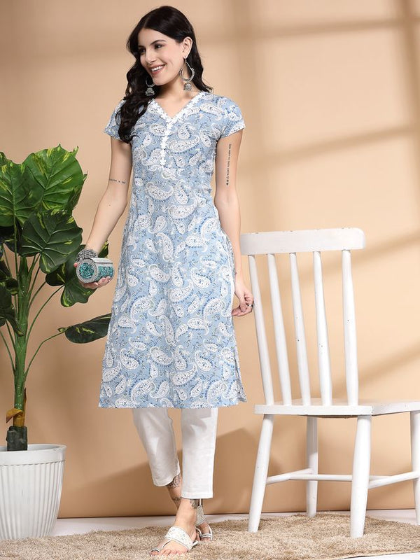 Largish Women's Blue Paisley Print Cotton Straight Kurta
