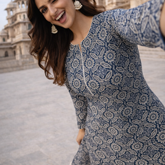 Largish Cotton Navy Blue Floral Printed Anarkali Kurta with White Contrast Piping