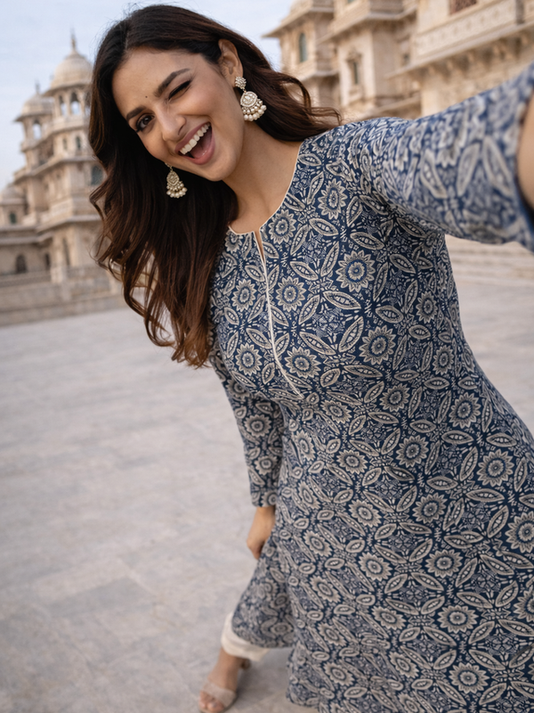 Largish Cotton Navy Blue Floral Printed Anarkali Kurta with White Contrast Piping