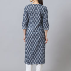 Largish Cotton Grey Floral Print Straight Kurta