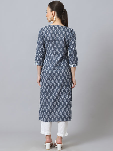 Largish Cotton Grey Floral Print Straight Kurta