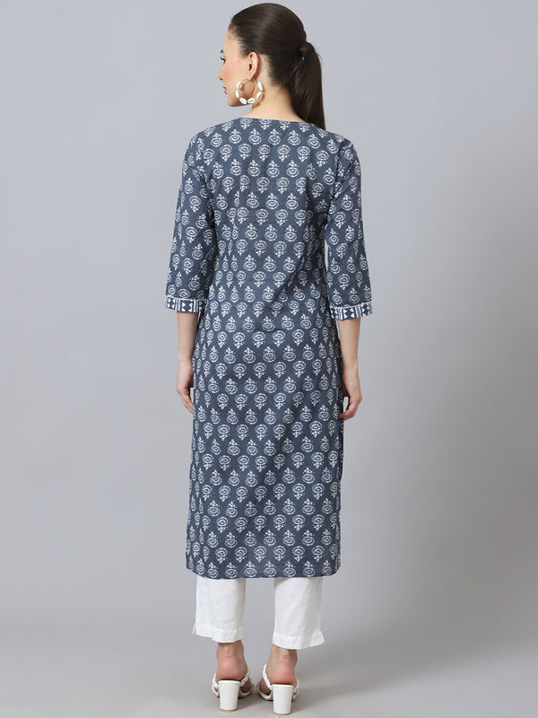 Largish Cotton Grey Floral Print Straight Kurta