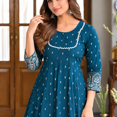 Largish Rayon Pigment Print Sky Blue Anarkali Full Maxi Dress