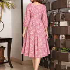 Largish Cotton Pink Floral Foil Print, Embroidered Dress