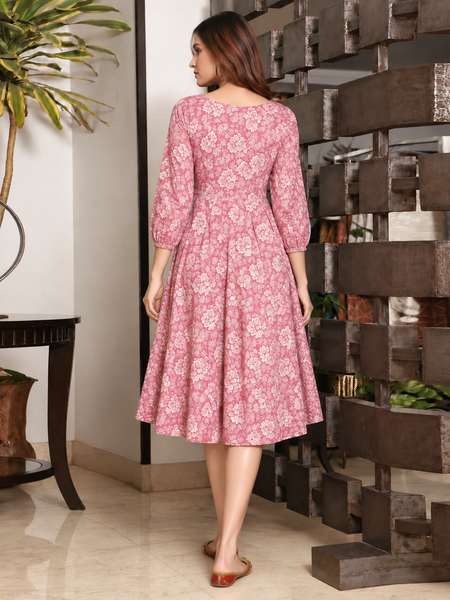 Largish Cotton Pink Floral Foil Print, Embroidered Dress