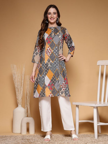 Largish Women's Multicolor Jaipuri Print Cotton Straight Kurta