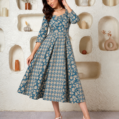 Largish Elegant Turquoise Floral Anarkali Midi Dress