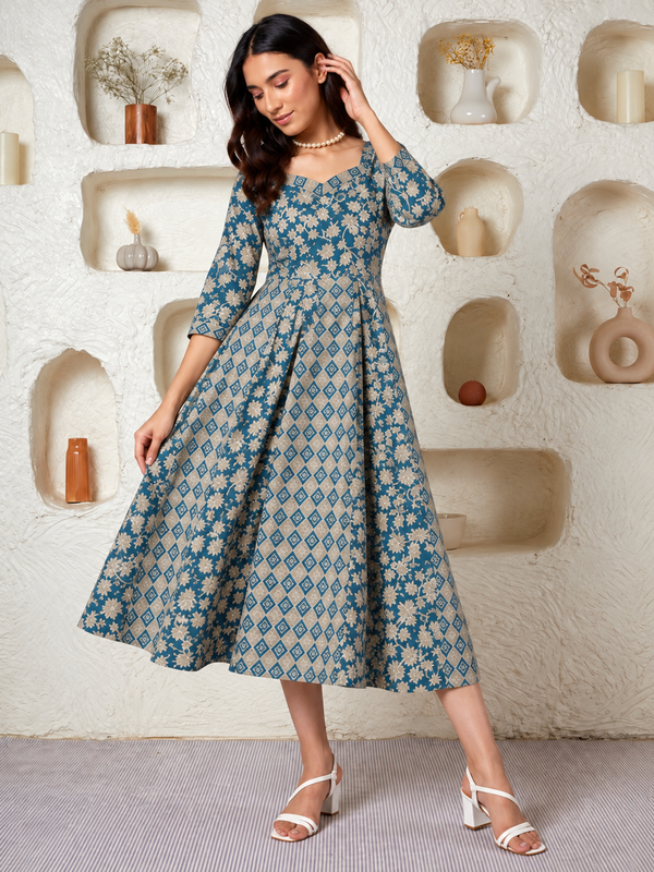 Largish Elegant Turquoise Floral Anarkali Midi Dress