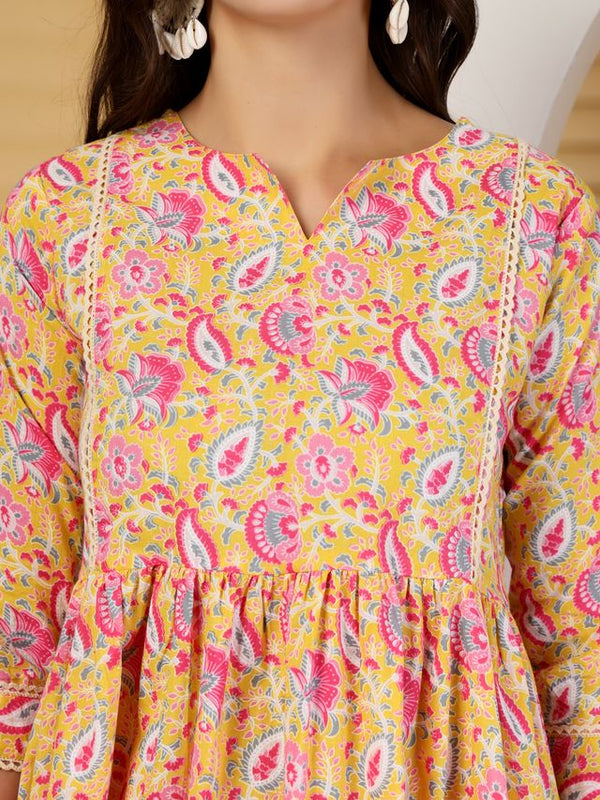 Largish Cotton Yellow Floral Print Kurta