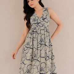 Women Blue Floral Print V-Neck Fit & Flare calf-Length Dress