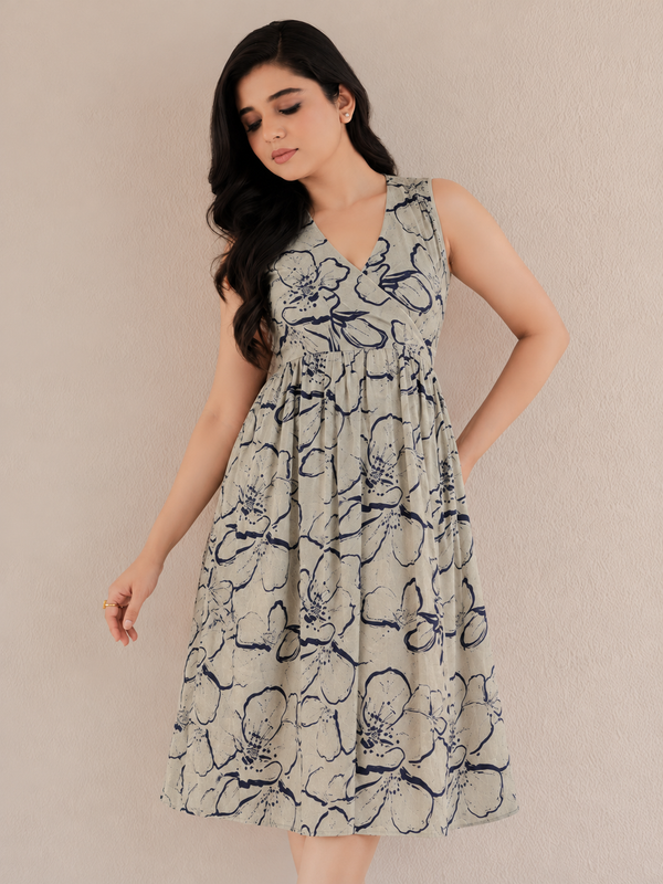 Women Blue Floral Print V-Neck Fit & Flare calf-Length Dress